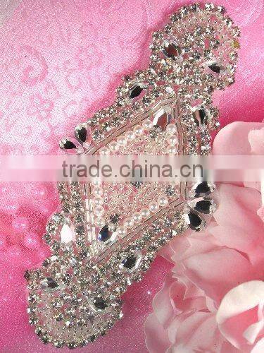 Bridal trimmings clear crystal rhinestone applique with pearls hotfix for wedding dress accessory