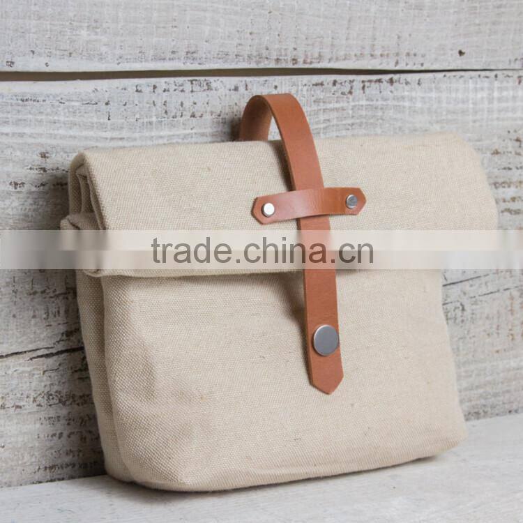 Personalized waxed canvas lunch bag with leather trim