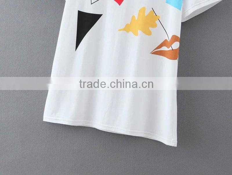 2016 spring summer new fashion printed cotton t shirt of women clothing printed white lady t-shirt