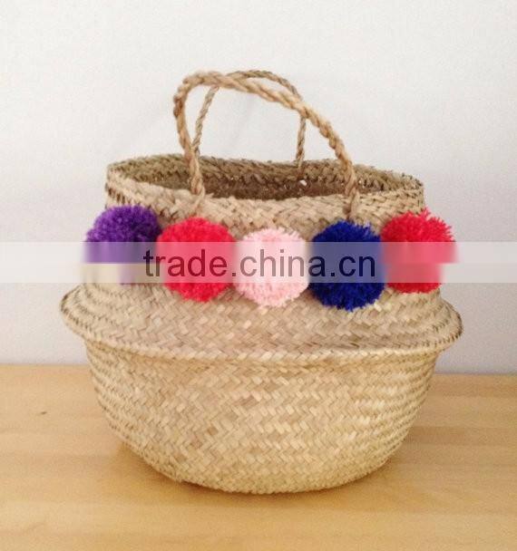 Best selling Eco-friendly natural and pink seagrass belly basket