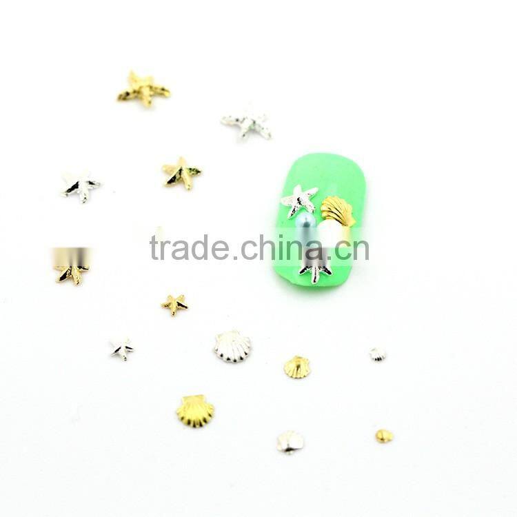 2016 Popular Sea Series metal nail art Summer gold silver starfish/ Shell/ feathers Nail Arts design