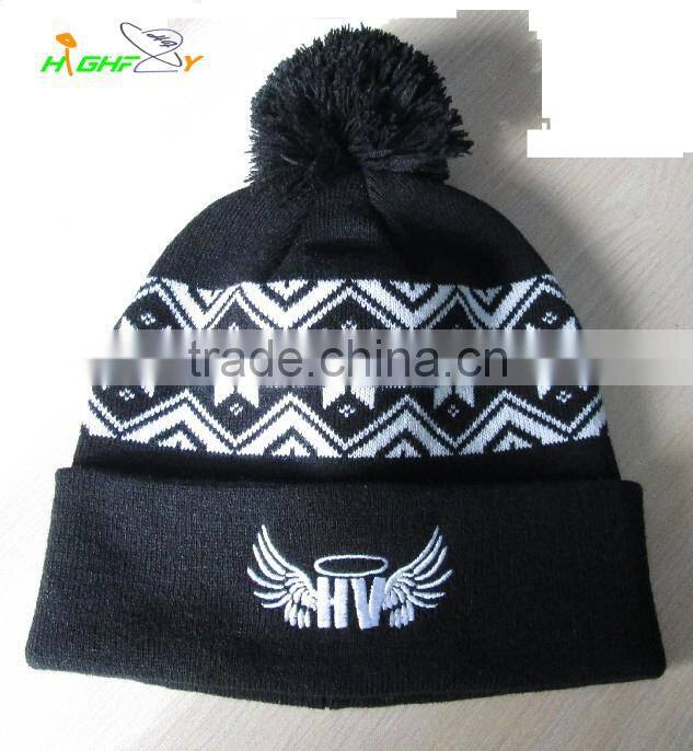 Wholesale high quality OEM custom printed logo pom pom knit baggy beanie hat with top ball