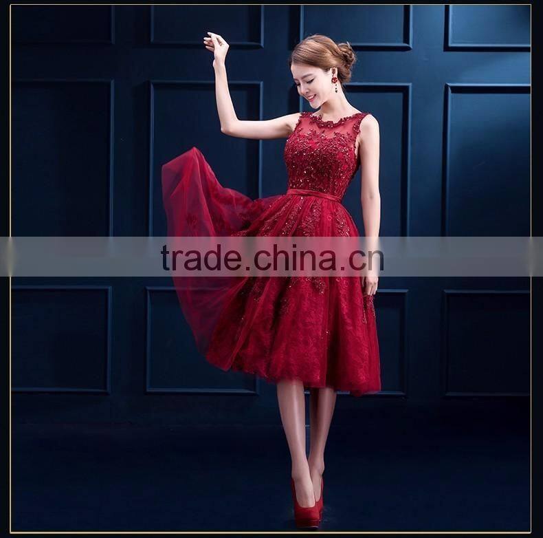 Top quality Last designs Round-neck Sleeveless knee-length lace wedding dress