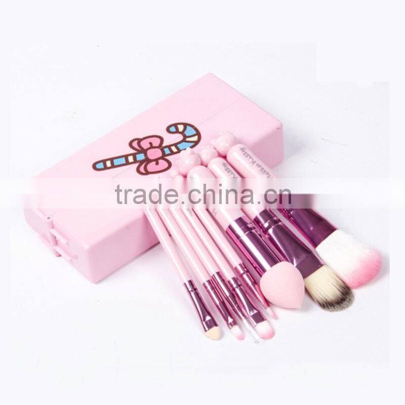 New arrival! 8pcs hello kitty makeup brushes professional pink plastic handle synthetic hair makeup brush set with mirror