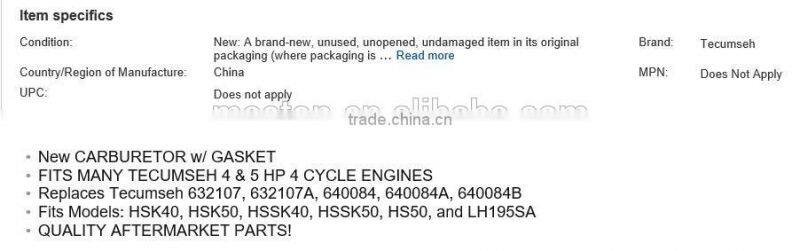 Carburetor Replaces TECUMSEH 632107 632107A 640084B 631955 TORO 521 With Gasket