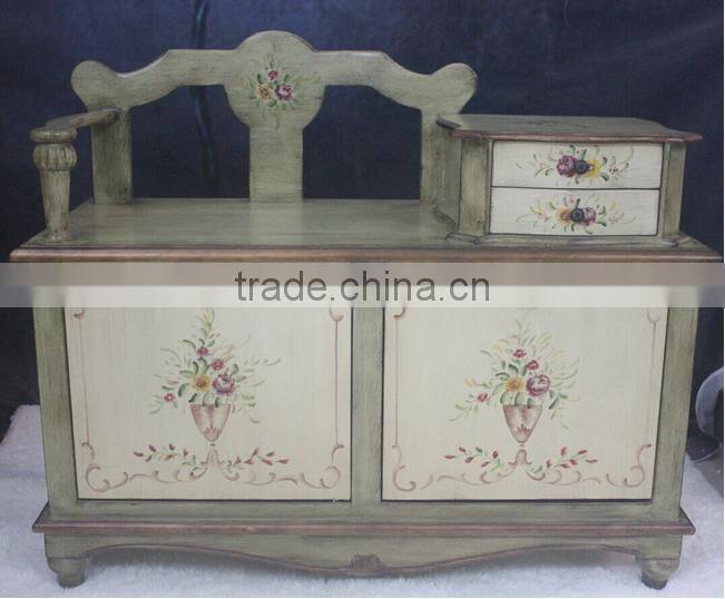 BISINI Handpainting Chair with Telephone Table, Solid Wood Shoe Changing Chair with Storage Cabinet (BF01-X1190)