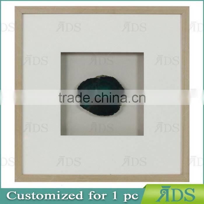 Shadow Box Frame With A Light Gray Wash And Encasing Colorful Natural Agate Under Glass