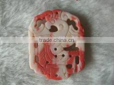 wholesale 30-40mm rectangular red & white flower carved natural coral pendant