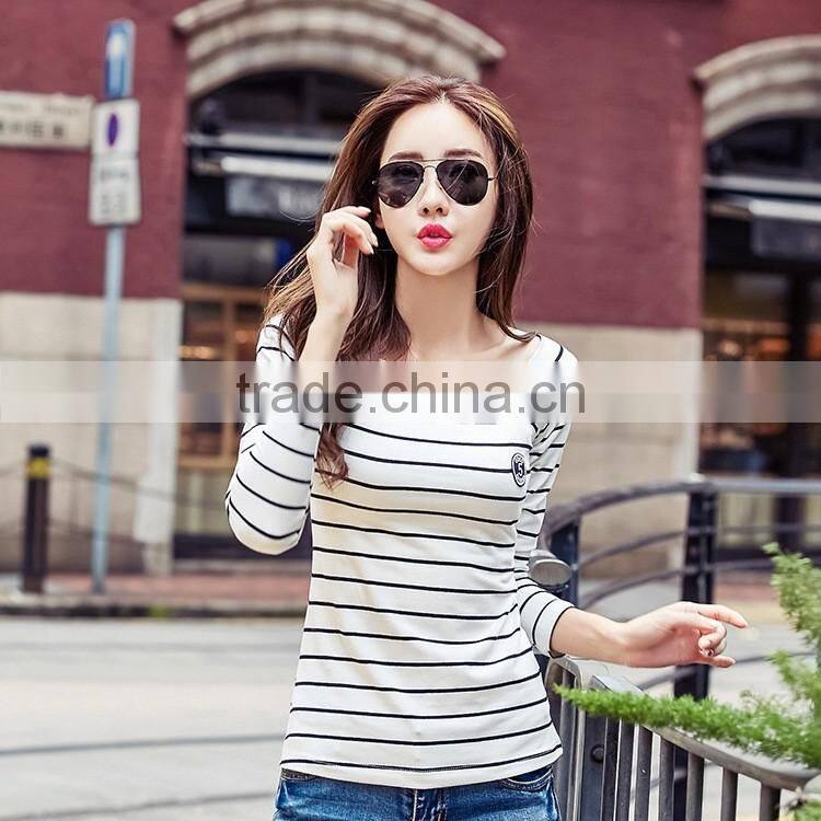 Hot sale autumn casual women wild striped knitted laday polyester bottoming thin slim long sleeve t shirt