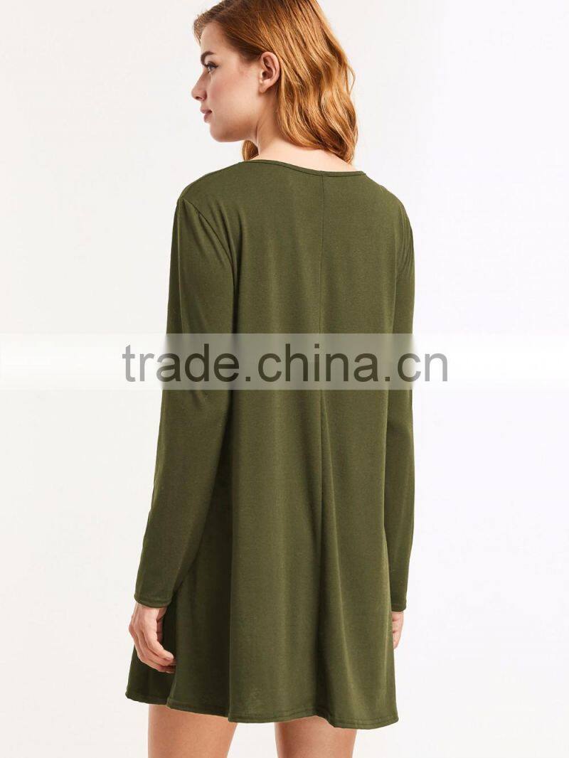 Army Green Colour Long Sleeve Tee Short Dress