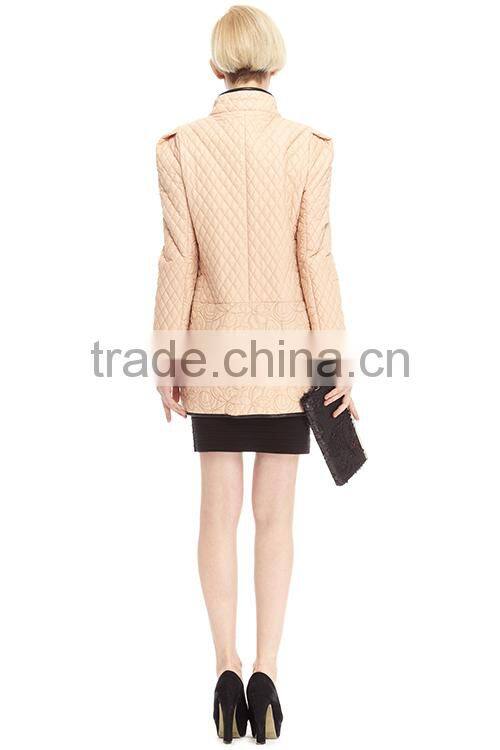 Ladies Quilted Stand Collar With Leather Trim Jacket