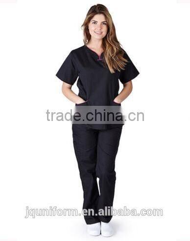 Women's Contrast Scallop Medical Hospital Nursing Uniform Scrubs Set Top & Pants