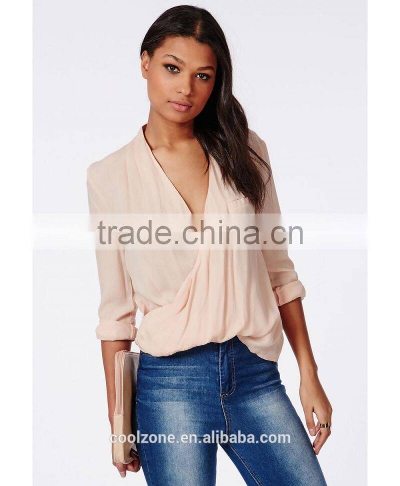 100% Polyester wrap over nude women blouse for middle aged women