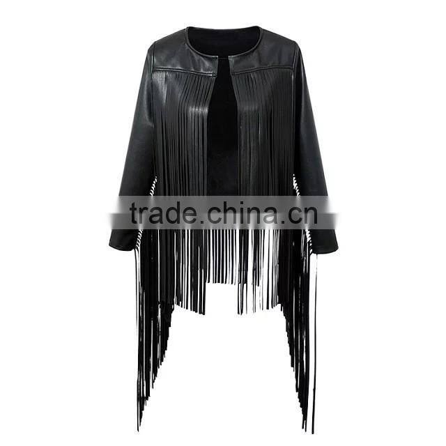 Women's pure leather lined no buttons jacket with tassels