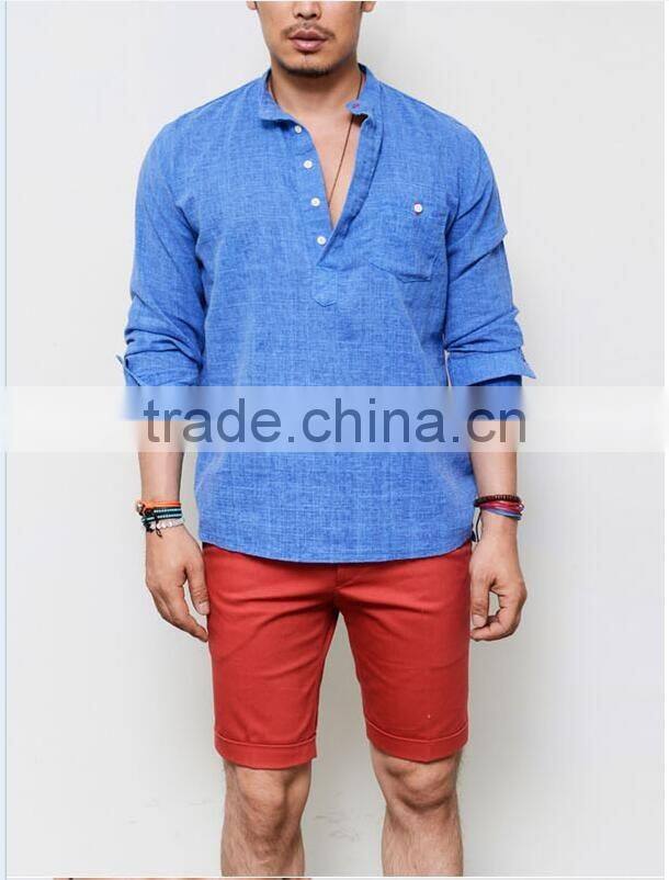 Men's Long Sleeve Blue Laid-back Holiday Linen Pull Over Henley Mandarine Shirt