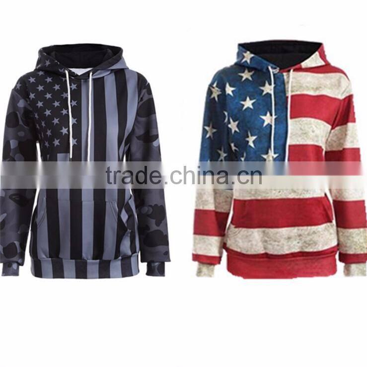Unisex Fashion USA American Flag Print Hooded Slim Pullover Hoodie Sweatshirt