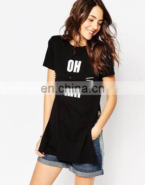 Split Side New Desgin Short Sleeves Long Shirt Cotton Womens T Shirt