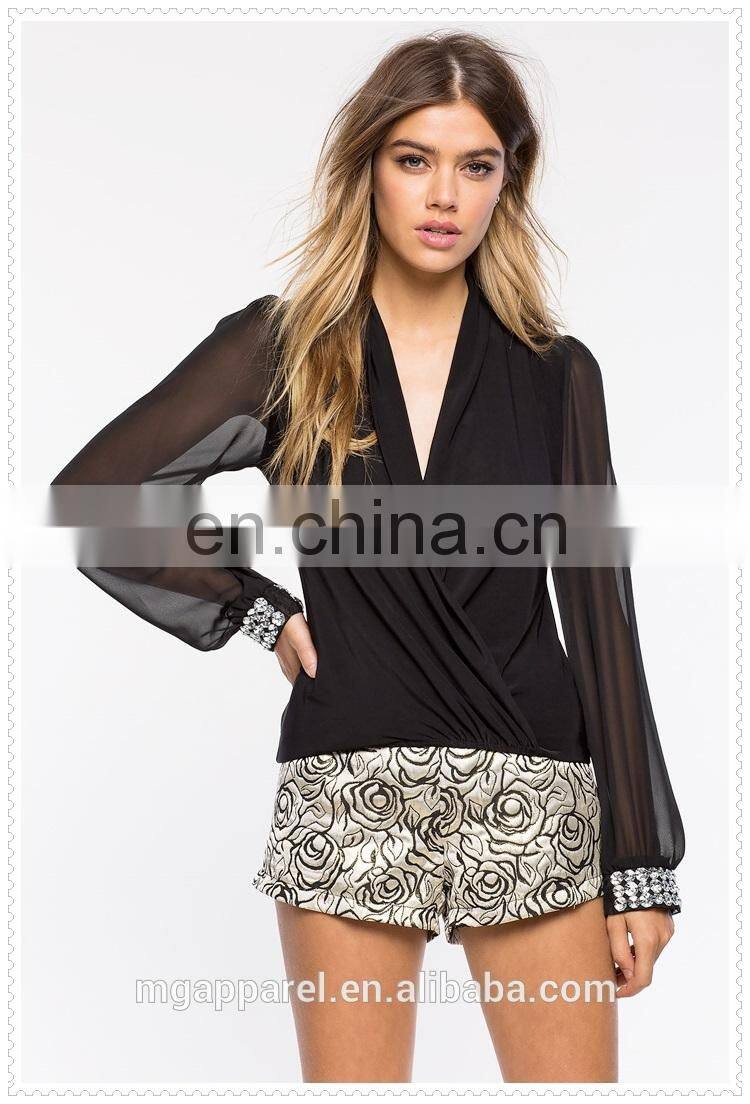 OEM cheap fashion sexy long sleeves black women chiffon blouse 2015
