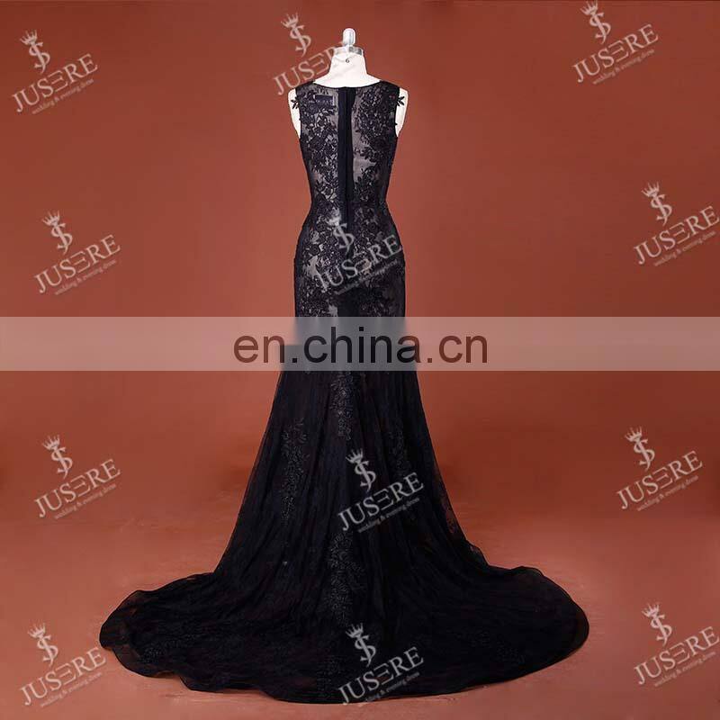 Latest Design Sexy Sleeveless See Through Lace Appliqued Long Black Mermaid Australia Evening Dress With Lace Made In China 2016
