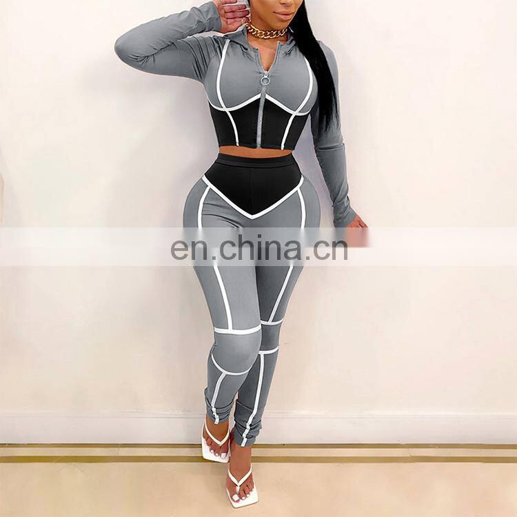 2020 Fall Fashion Woman Clothes Round Neck Crop Top High Waist Pants Two Piece Set
