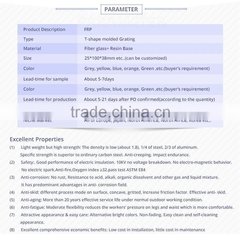 anti slip gritted top T shape frp moulded grating