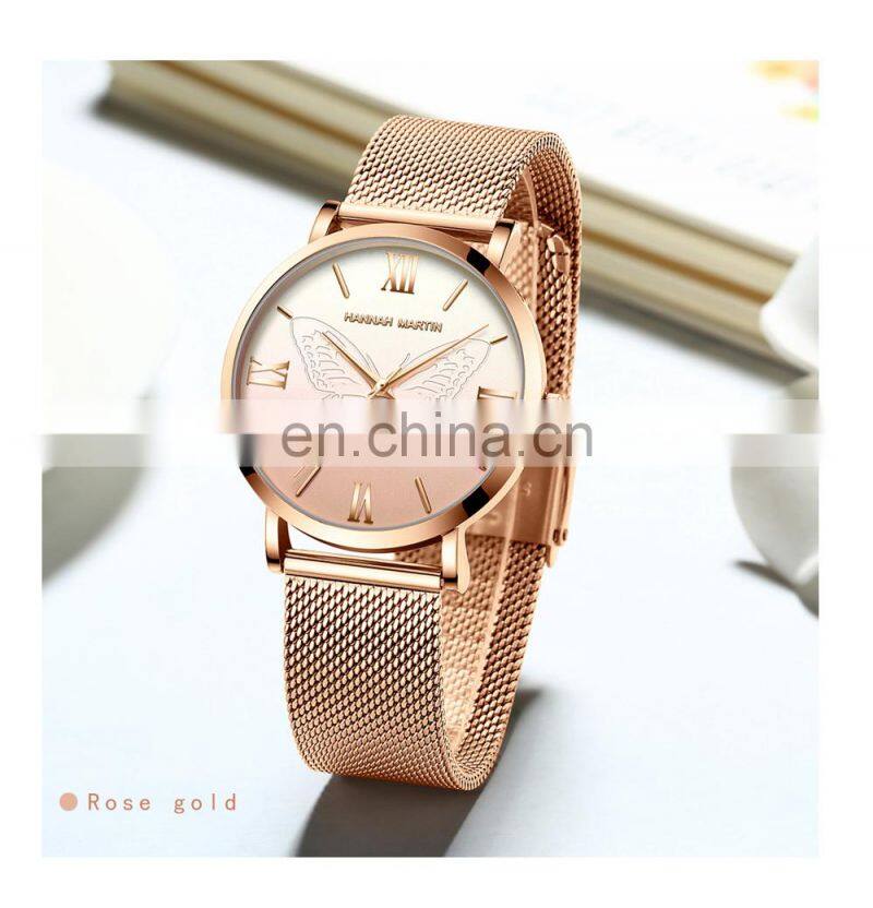 Hannah Martin 13620 Women Watch Luxury 3D Butterfly Rose Gold Mesh Strap Japanese Movement Waterproof Quartz Women Wristwatch