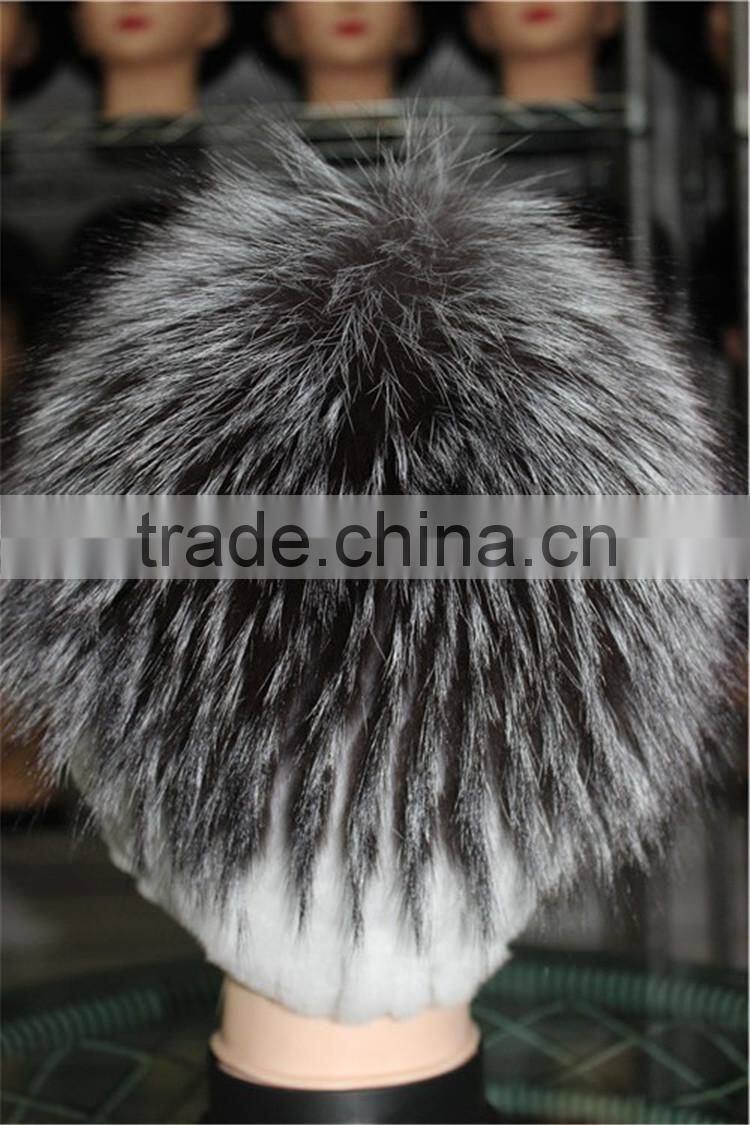 Charm Warm Fur Hat Real Rex Rabbit Fur With Silver Fox Fur Knitted Cap