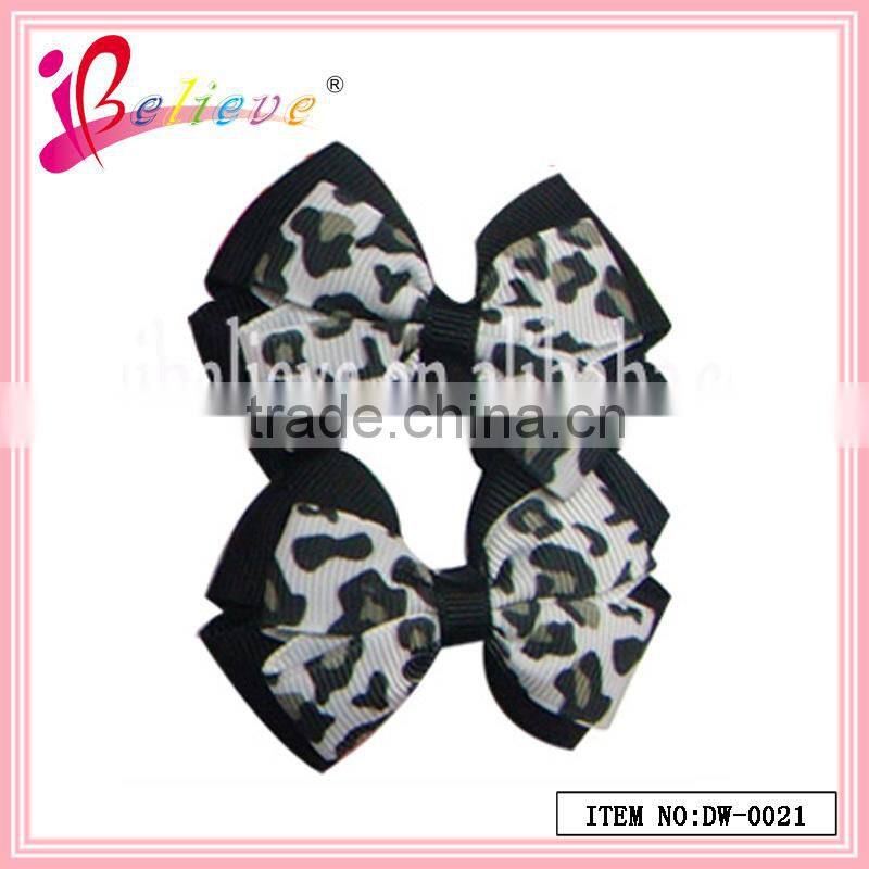 Hot selling leopard pattern printing nice hair ribbon bow hairgrips for thanksgiving day (DW--0021)