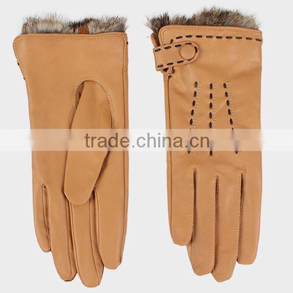 women basic style handmade leather glove rabbit fur lined leather glove