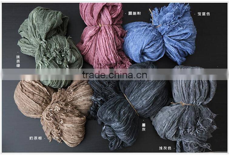 Korea Japan Fashion Ladies Solid Color Blank Plain Goffer Woven Linen Pashmina Shawl Scarf