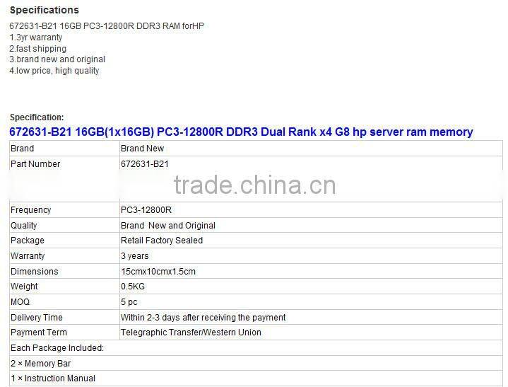 672631-B21 16GB (1x16GB) Dual Rank x4 PC3-12800R (DDR3-1600) Registered CAS-11 Memory Kit
