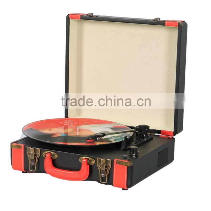 Retro portable suitcase gramophone turntable player for iphone connecting