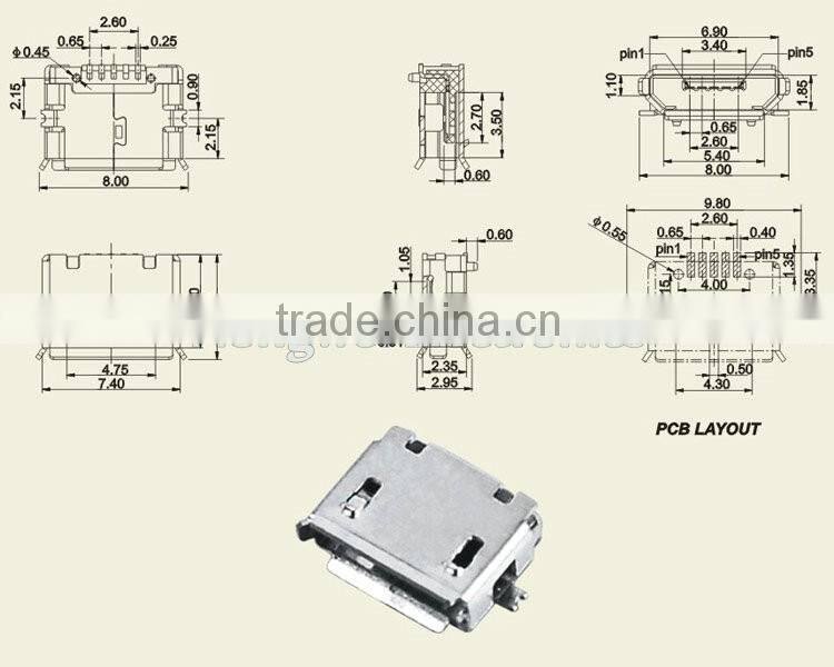 Micro USB receptacle female A type connector with registration mast