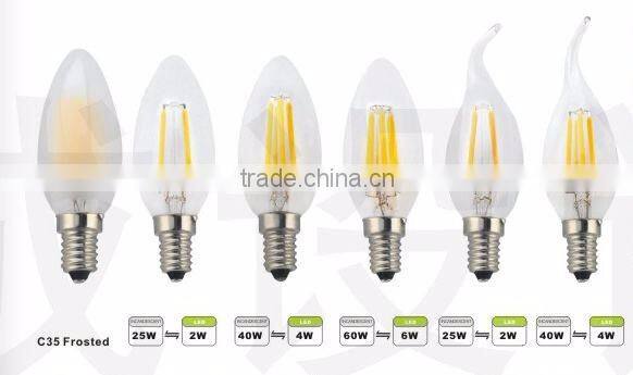UL Listed Dimmable E12 2W 4W 6W C35 Candle LED Filament Bulb