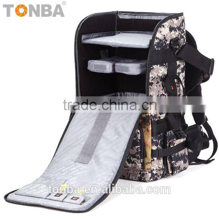 Jungle Camo Convertible and Functional Outdoorsy DSLR and Camera Shoulder Backpack Bag with Gear and Accessories-Camo & Black