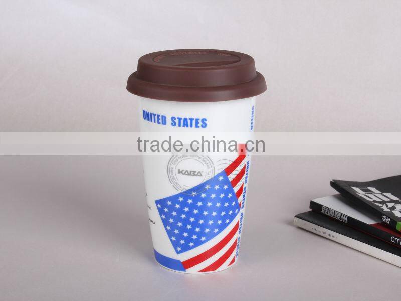 Flag ceramic coffee cup with food grade silicone lid high quality but low price wholesale