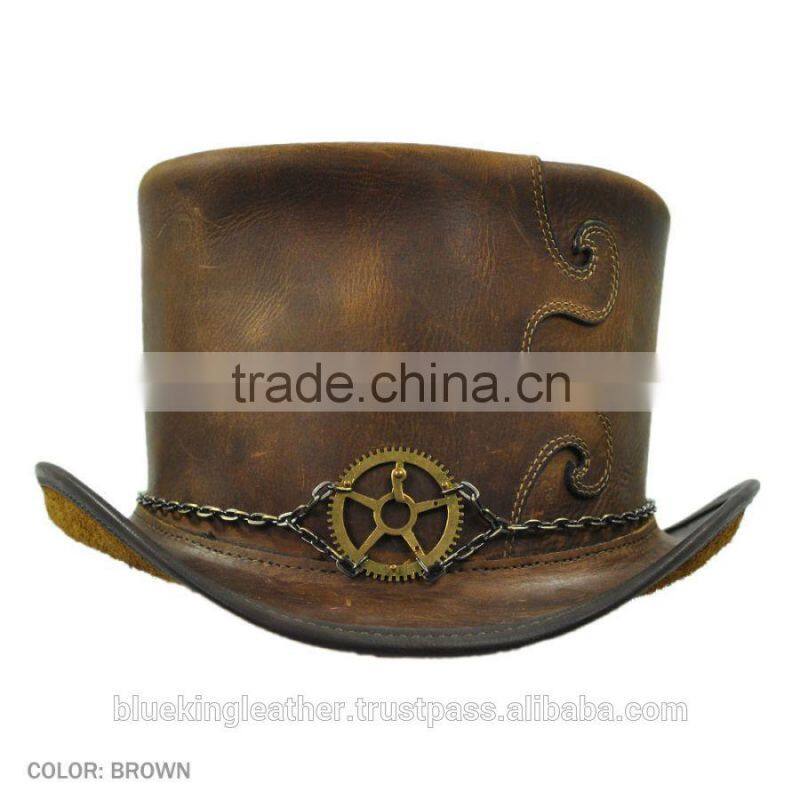 2 TONES PULL-UP CRAZY HORSE COWHIDE LEATHER "STEAMPUNK" TOP HAT