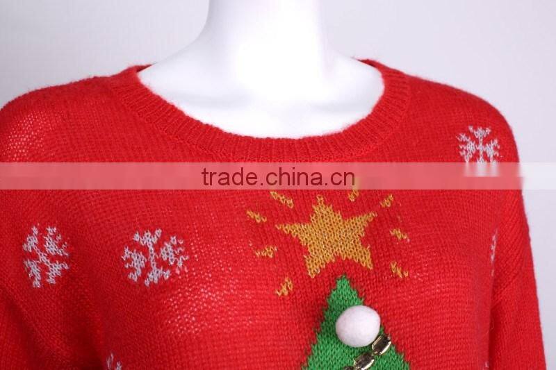 Chinese product womens' round neck long sleeve pullover knitted sweater with jacquard &beads