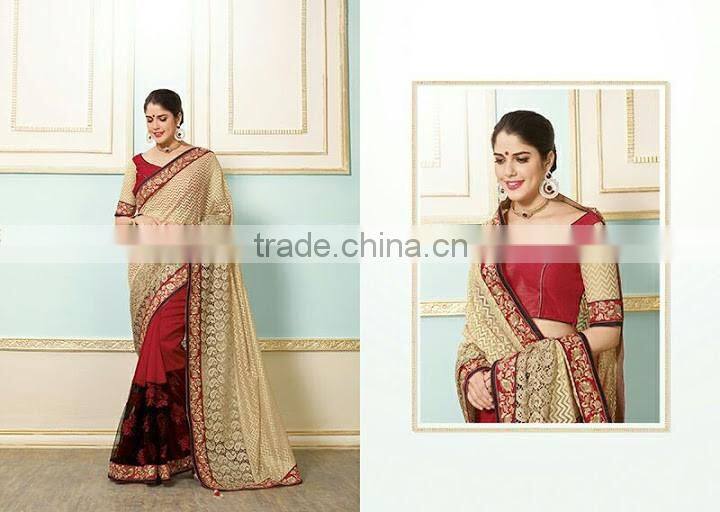 Dark Red Georgette On Fancy Net Saree Online Buy