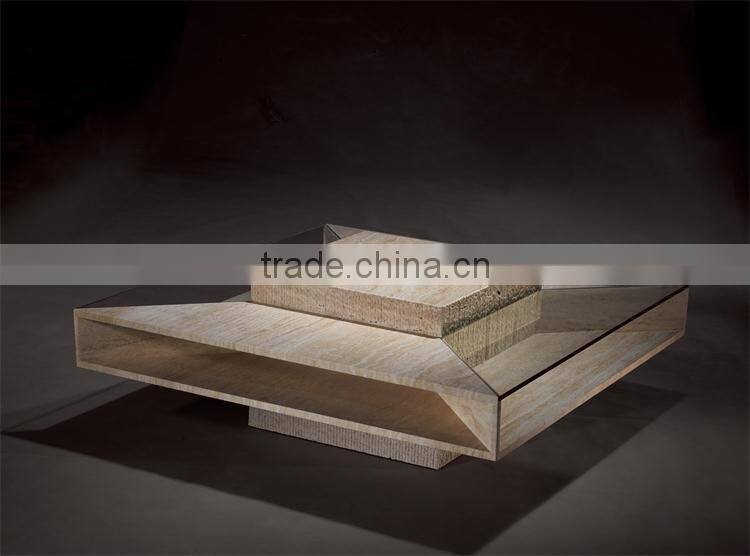 Low Travertine Stone base Wit Glass Coffee Table
