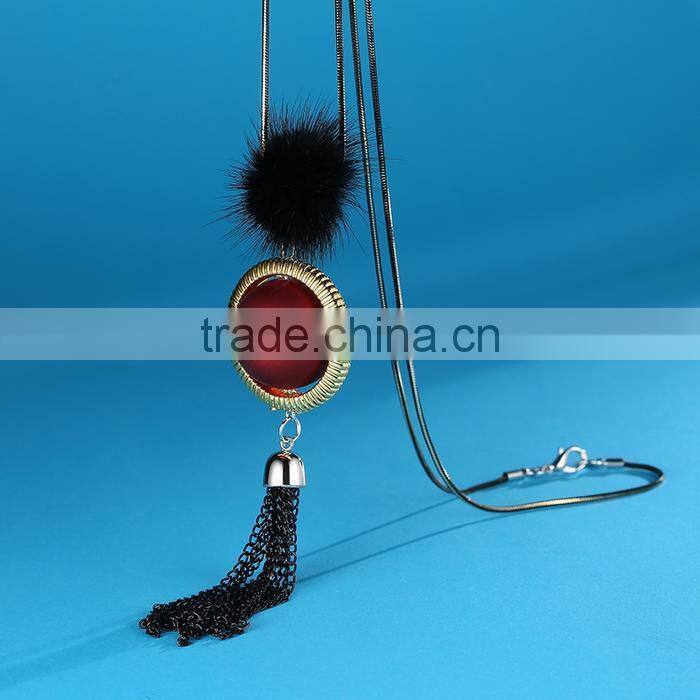 red bead gold hoop pendant long chain necklace black chain tassel necklace pompon necklace