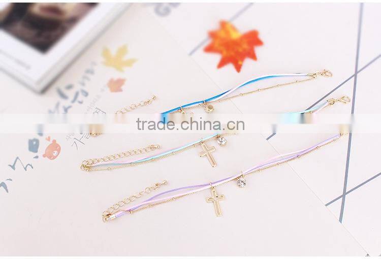 gold cross star zircon charms bracelet layered colorful silk cord gold chain bracelet