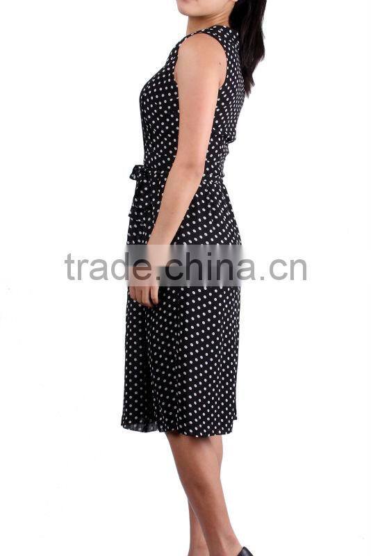 2015 Top quality Best price Black & white sleeveless dot long dress with pocket
