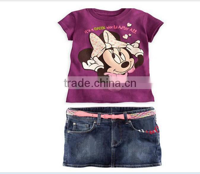 2014 new summer girls clothing suits kids fashion minnie t shirts+jeans skirts 2pcs outfits baby girls suits