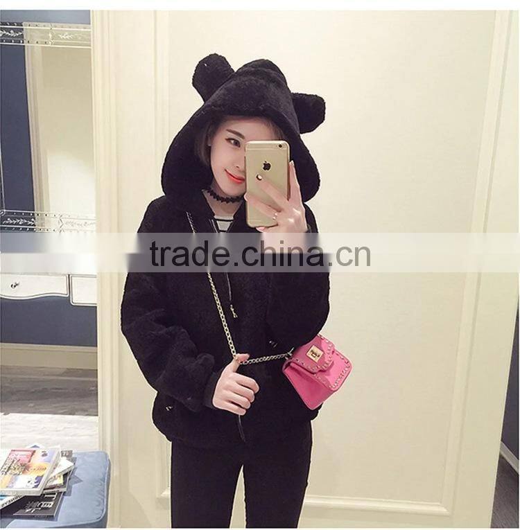 2016 Fashion Lovely Womens Korean Winter Warm Plush Rabbit Ears Hooded Thick Elastic Waist Jacket Ladies Fur Coats