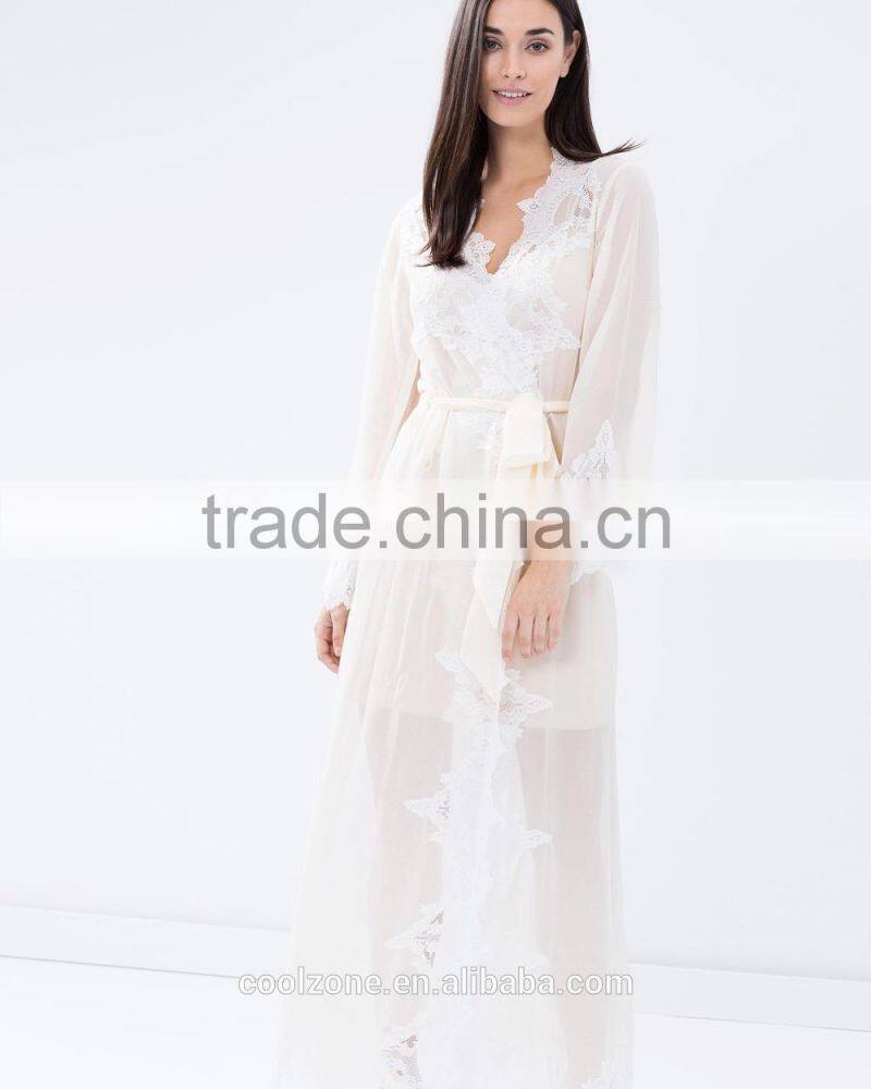 Sexy relaxed fit tie-up front sheer lace bath robe for women