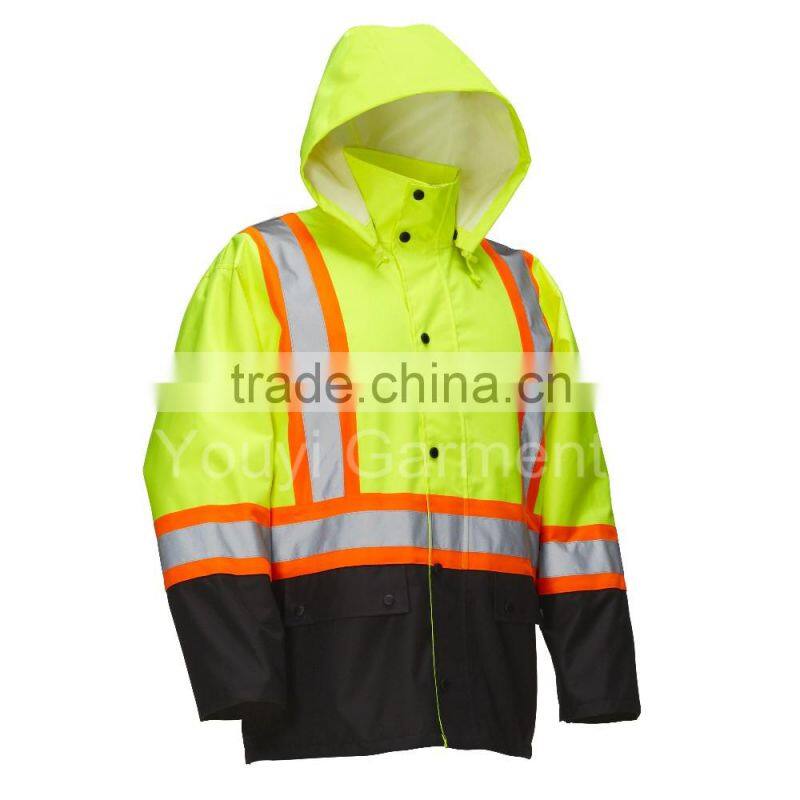 DOUBLE COLOUR SAFETY RAIN JACKET WITH SNAP-OFF HOOD