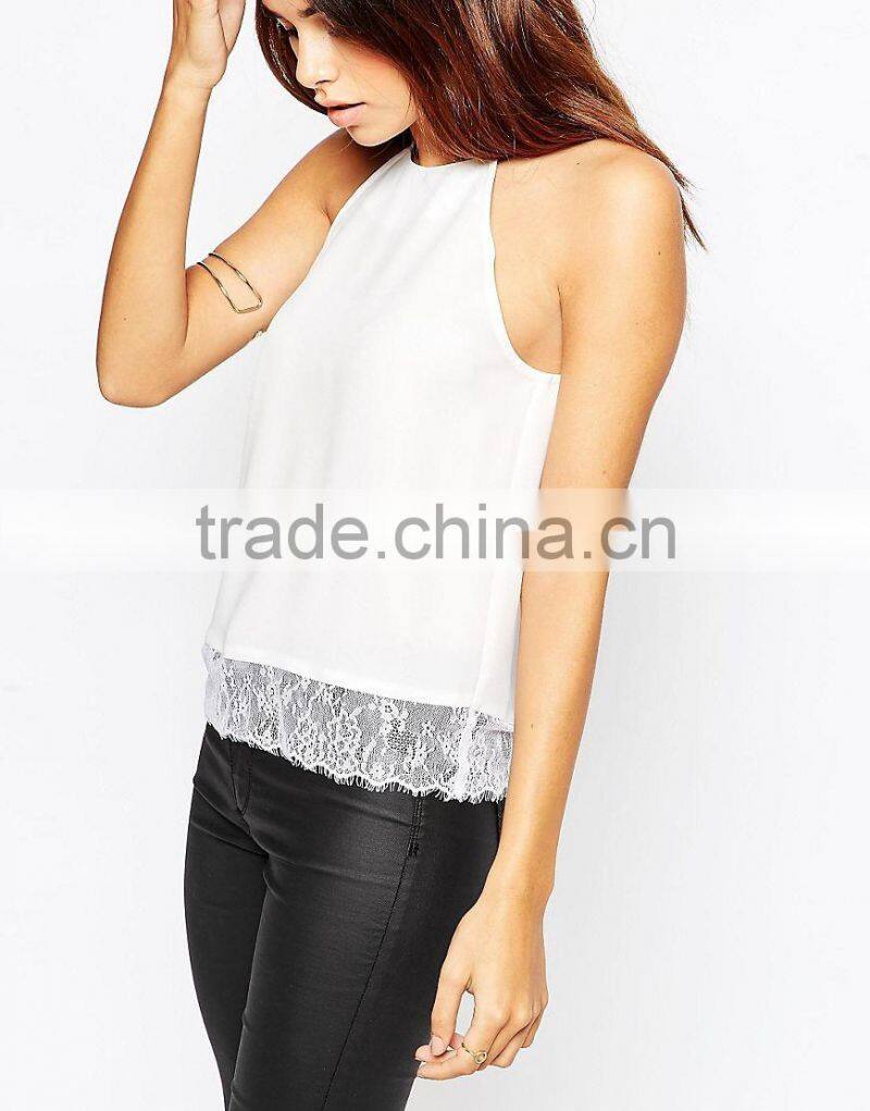2016 Guangzhou Shandao Supplier New Arrivals Beautiful Summer Fashion Women Sexy Spaghetti Strap White Slim Lace Tops