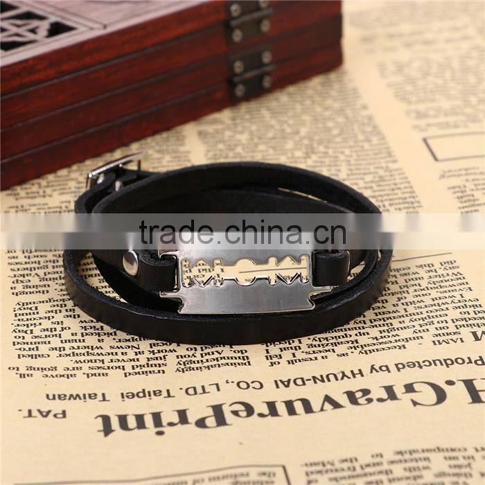 Real Leather Bangles Bracelets Silver Tone Black Razor Blade Adjustable