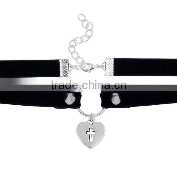 Velveteen Halloween Choker Necklace Antique Silver Black Heart Cross 34cm long